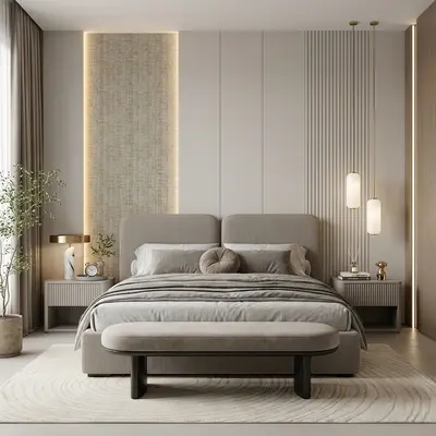 Minimalist bedroom with beige suede upholstered bed, fluted wall panels, and textured wallpaper accent
