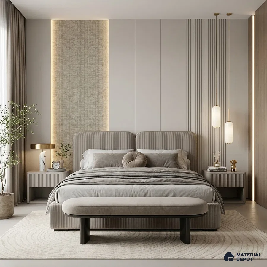 Minimalist bedroom with beige suede upholstered bed, fluted wall panels, and textured wallpaper accent
