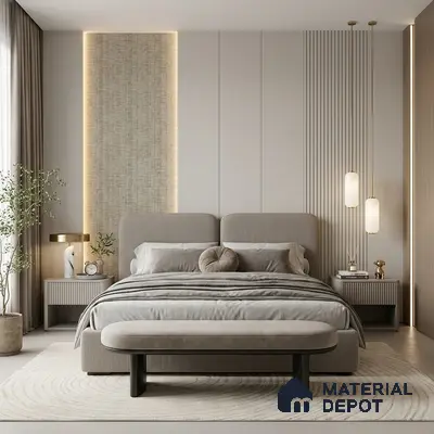 Minimalist bedroom with beige suede upholstered bed, fluted wall panels, and textured wallpaper accent