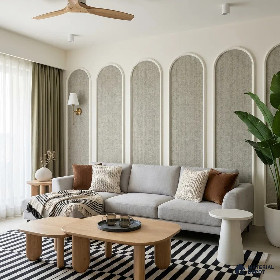 Scandinavian living room with fabric wall panels, light wood tables, and striped rug