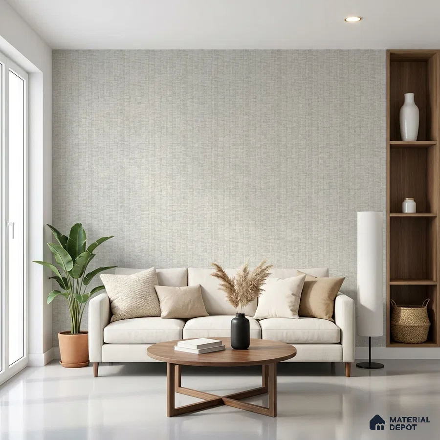 Scandinavian living room with textured beige wallpaper and natural wood coffee table