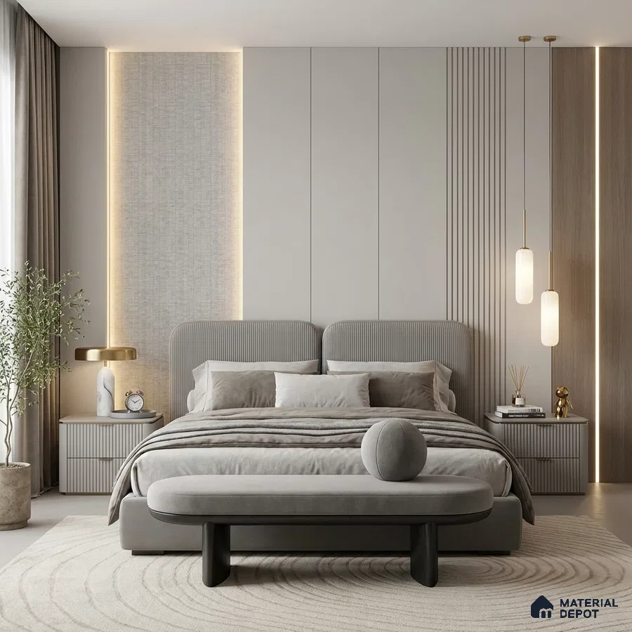 Minimalist bedroom with suede upholstered bed, fluted wall panels, and neutral beige palette