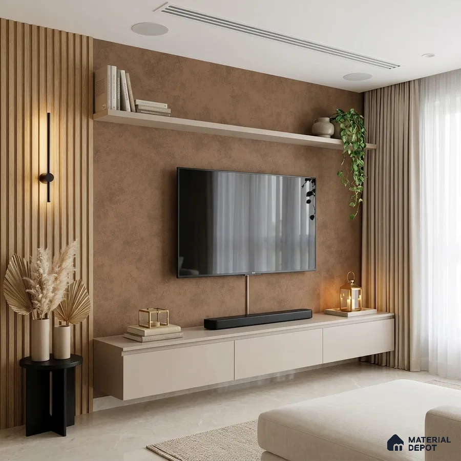 Modern living room with beige floating TV unit, brown textured wall, and light wood fluted panels