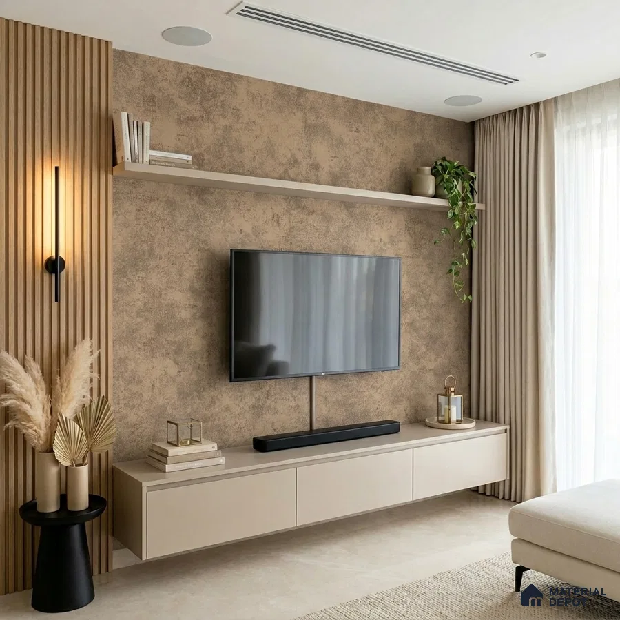 Modern living room with beige textured wall, wooden fluted panels, and matte beige laminate TV unit