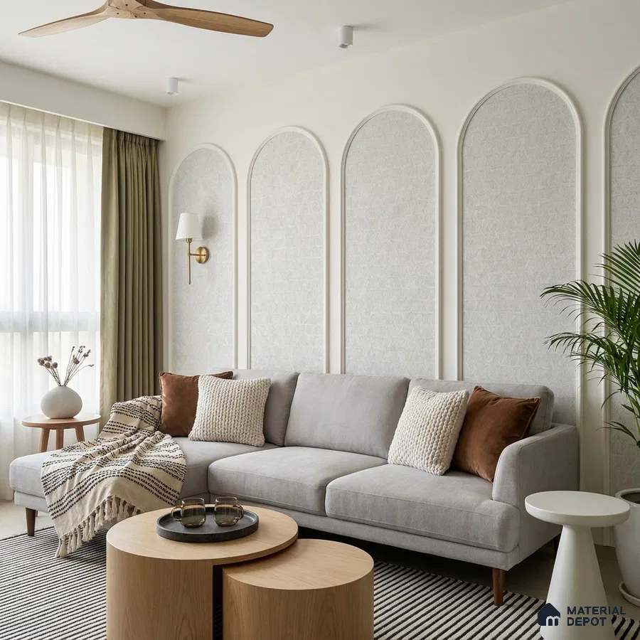 Scandinavian living room with textured white wall panels and light oak wood tables