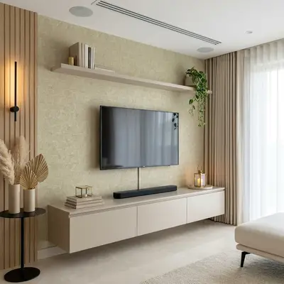 Modern living room with beige matte laminate TV unit, light wood fluted wall panels, and textured wallpaper