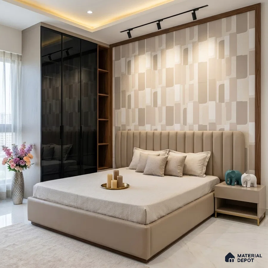 Modern bedroom with beige suede upholstered bed, geometric wallpaper, and black glass wardrobe