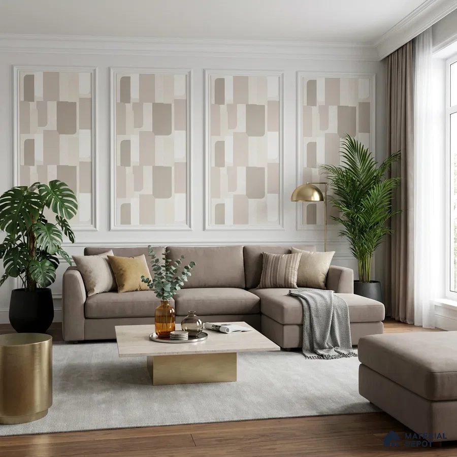 Modern living room with geometric patterned wallpaper, taupe suede sofa, and light wood flooring