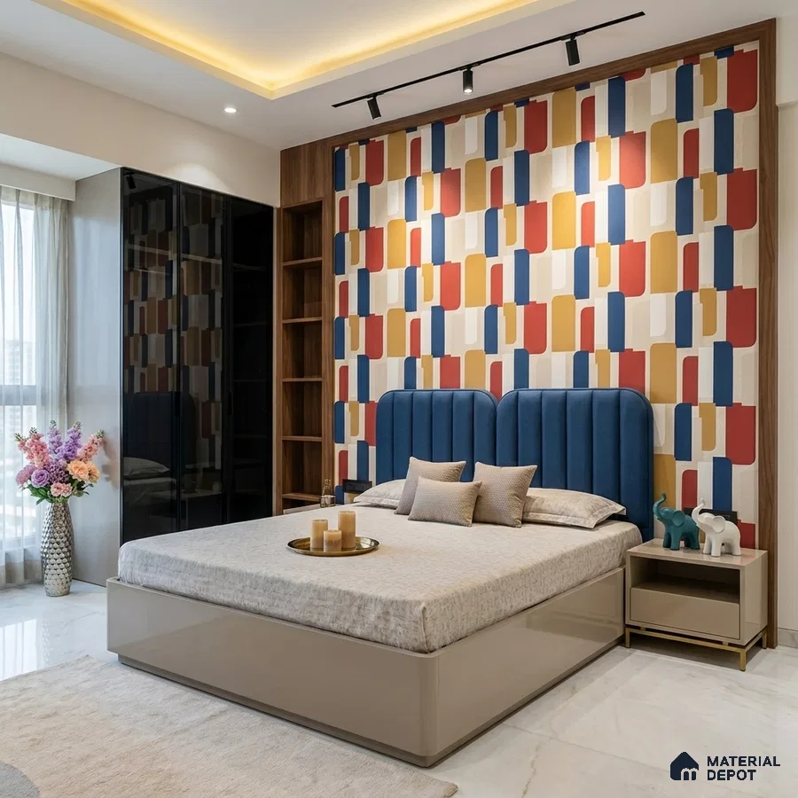 Mid-century modern bedroom with geometric patterned wallpaper, blue suede upholstered bed, and glossy beige laminate furniture