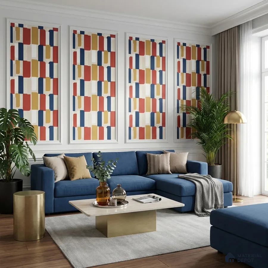Mid-century modern living room with geometric patterned wallpaper, blue fabric sofa, and brass accents