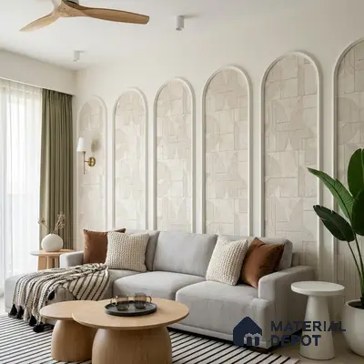 Scandinavian living room with textured beige wall panels and light oak coffee tables