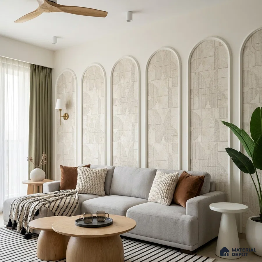 Scandinavian living room with textured beige wall panels and light oak coffee tables