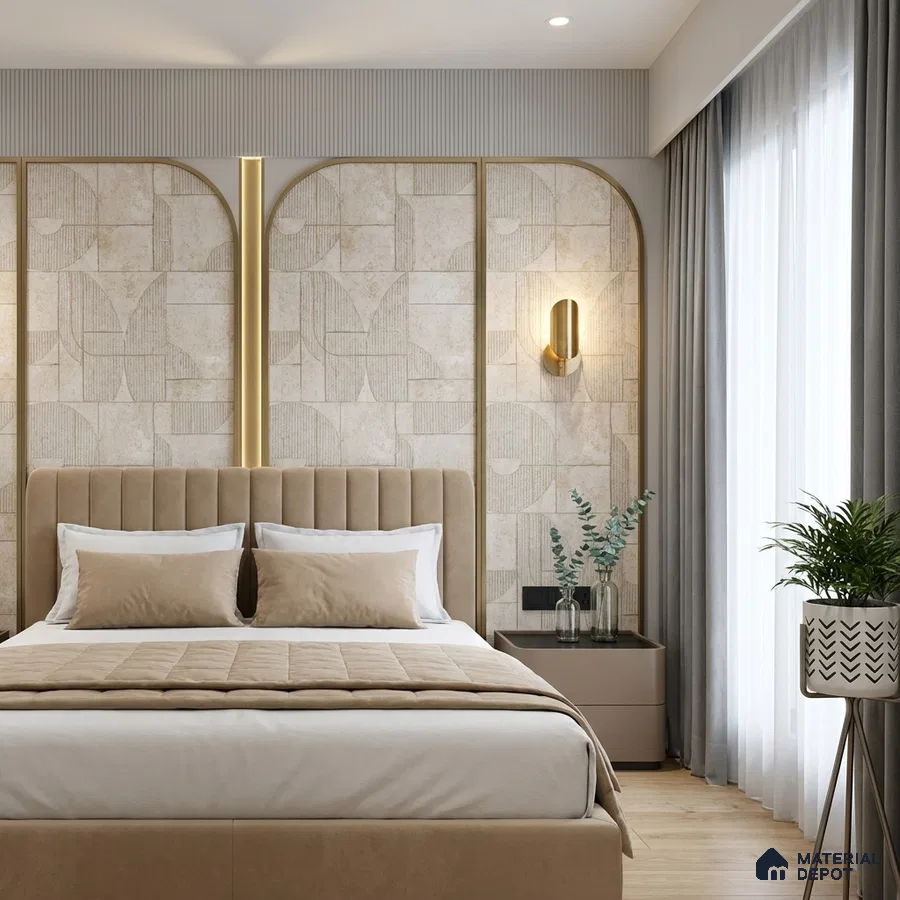 Modern bedroom with suede upholstered bed, geometric beige wallpaper, and light wood flooring