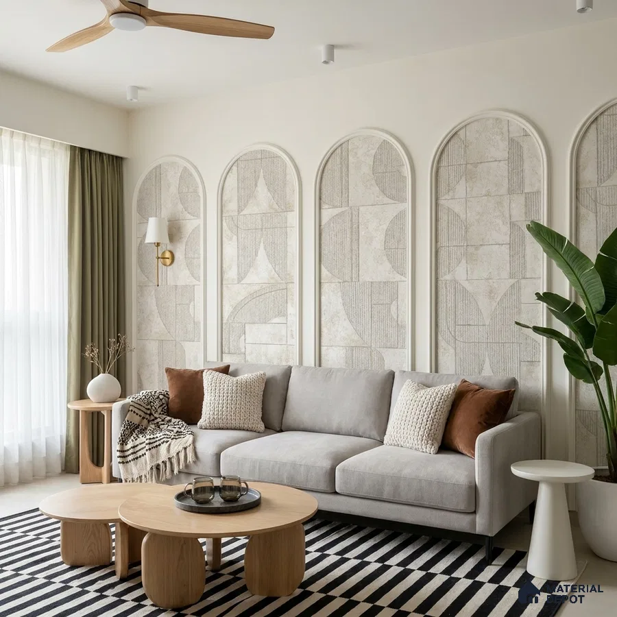 Scandinavian living room with geometric textured wall panels and light oak coffee tables