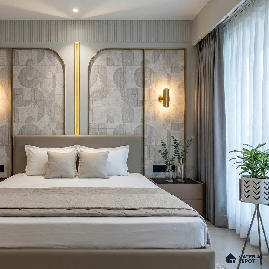 Modern bedroom with geometric wallpaper panels, taupe upholstered bed, and neutral palette