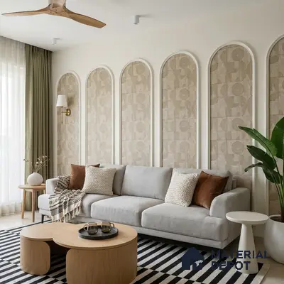 Scandinavian living room with geometric beige wallpaper, light oak coffee table, and striped rug