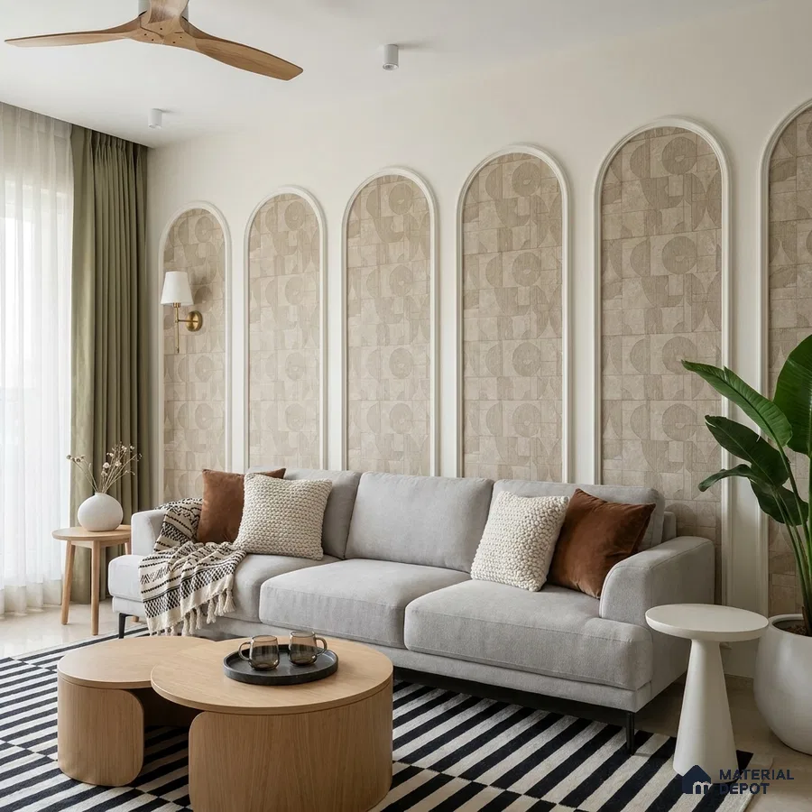 Scandinavian living room with geometric beige wallpaper, light oak coffee table, and striped rug