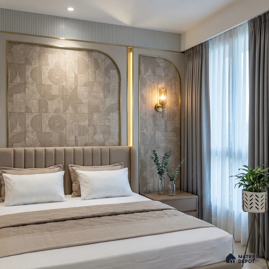 Modern bedroom with geometric beige wall panels and taupe upholstered bed