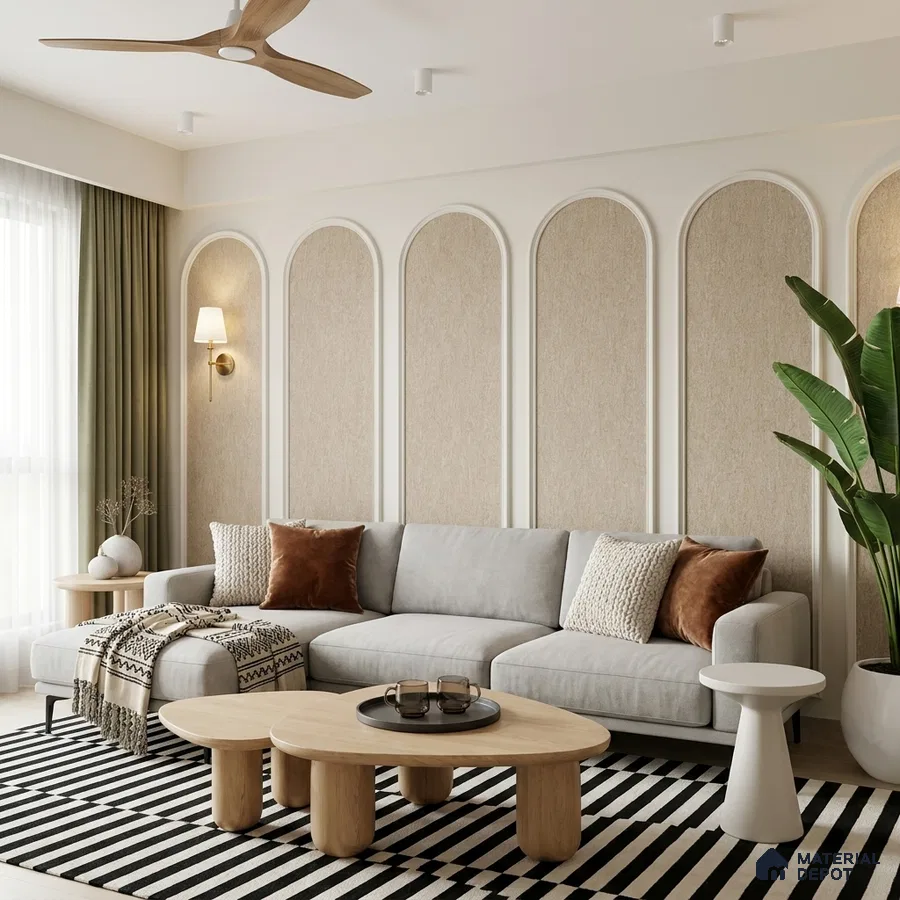 Scandinavian living room with beige textured wall panels and light oak coffee table