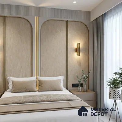 Modern bedroom with beige fabric wall panels and neutral suede upholstery