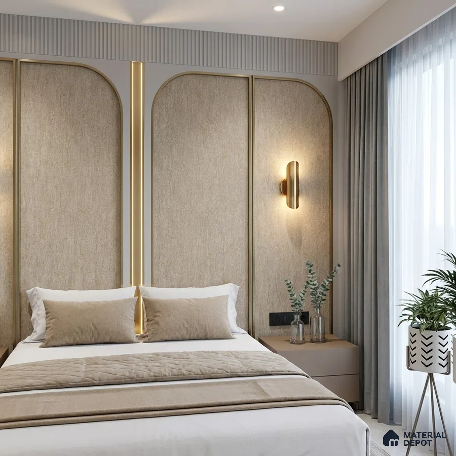 Modern bedroom with beige fabric wall panels and neutral suede upholstery
