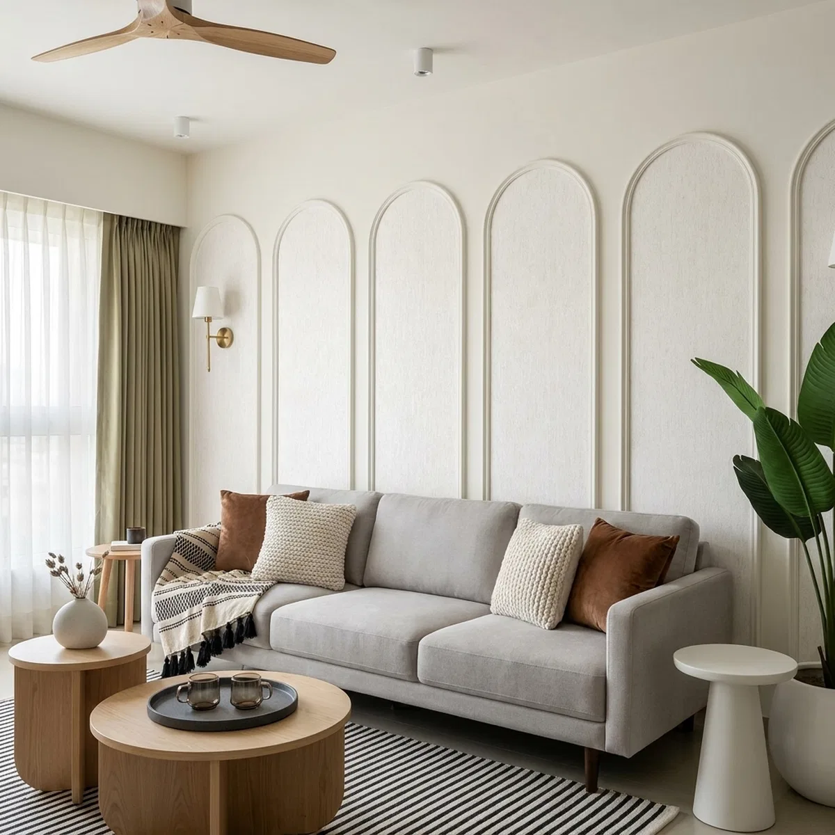 Scandinavian living room with textured white wall panels and light oak ...