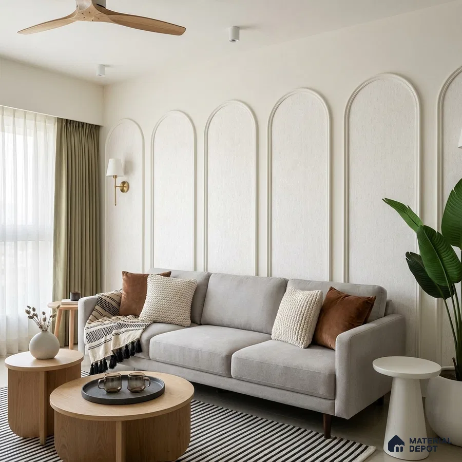 Scandinavian living room with textured white wall panels and light oak wood tables
