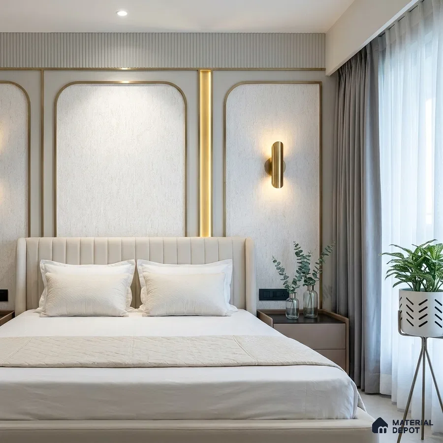 Modern bedroom with suede upholstered bed, gold accent wall panels, and neutral palette