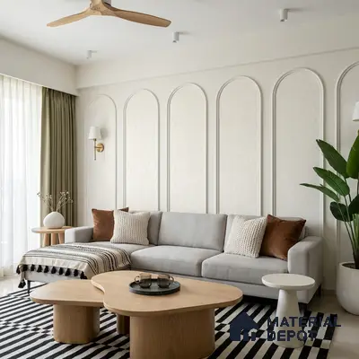 Scandinavian living room with arched wall panels, light oak coffee table, and striped rug