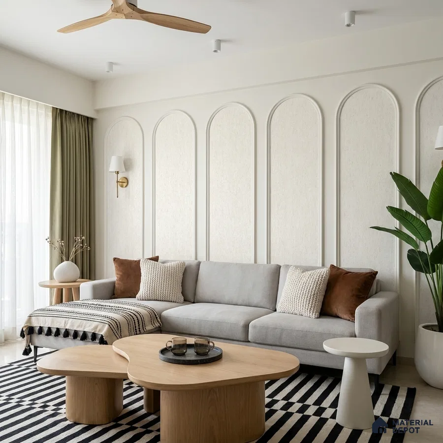 Scandinavian living room with arched wall panels, light oak coffee table, and striped rug