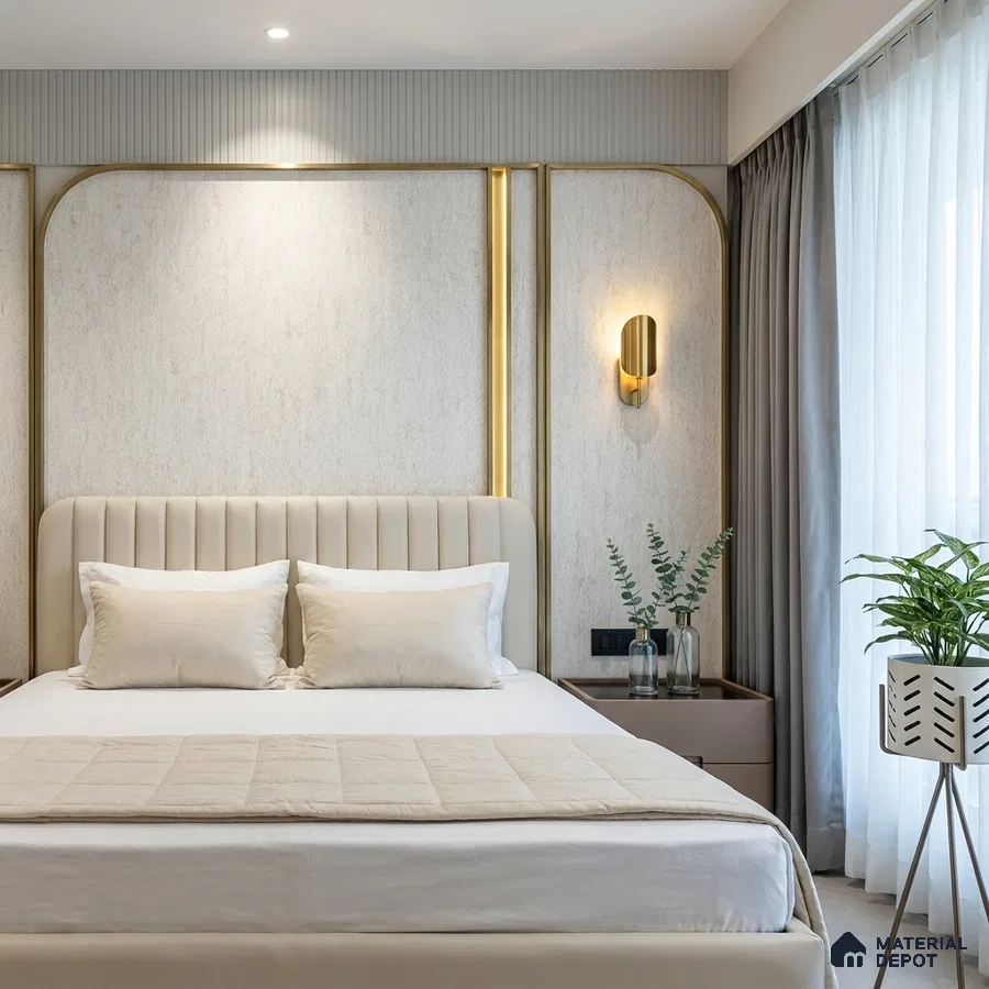 Modern bedroom with suede upholstered bed, beige textured wall panels, and gold accent profiles