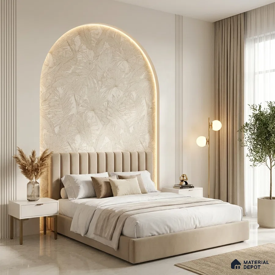 Minimalist bedroom with suede upholstered bed, beige botanical wallpaper, and marble floor tile