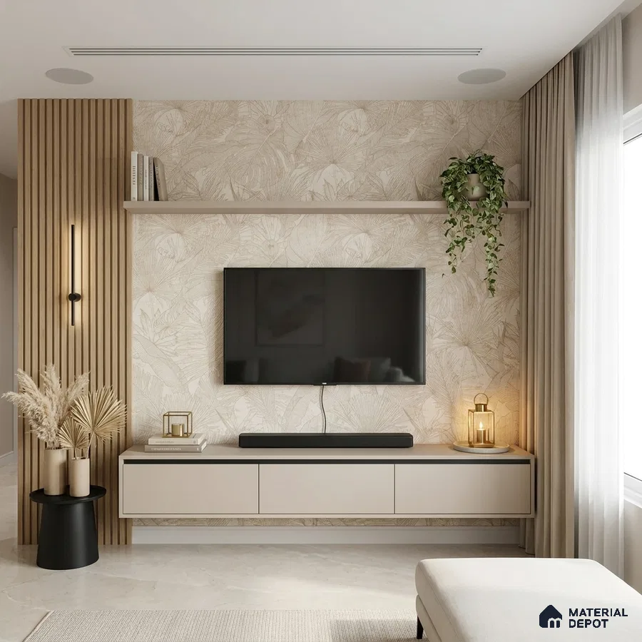 Scandinavian TV unit with beige floral wallpaper, light wood fluted panels, and matte cream laminate cabinet