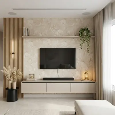Scandinavian TV unit with beige floral wallpaper, light wood fluted panels, and matte cream laminate cabinet