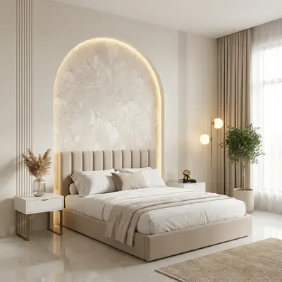 Minimalist bedroom with suede upholstered bed, beige botanical wallpaper, and marble floor tile