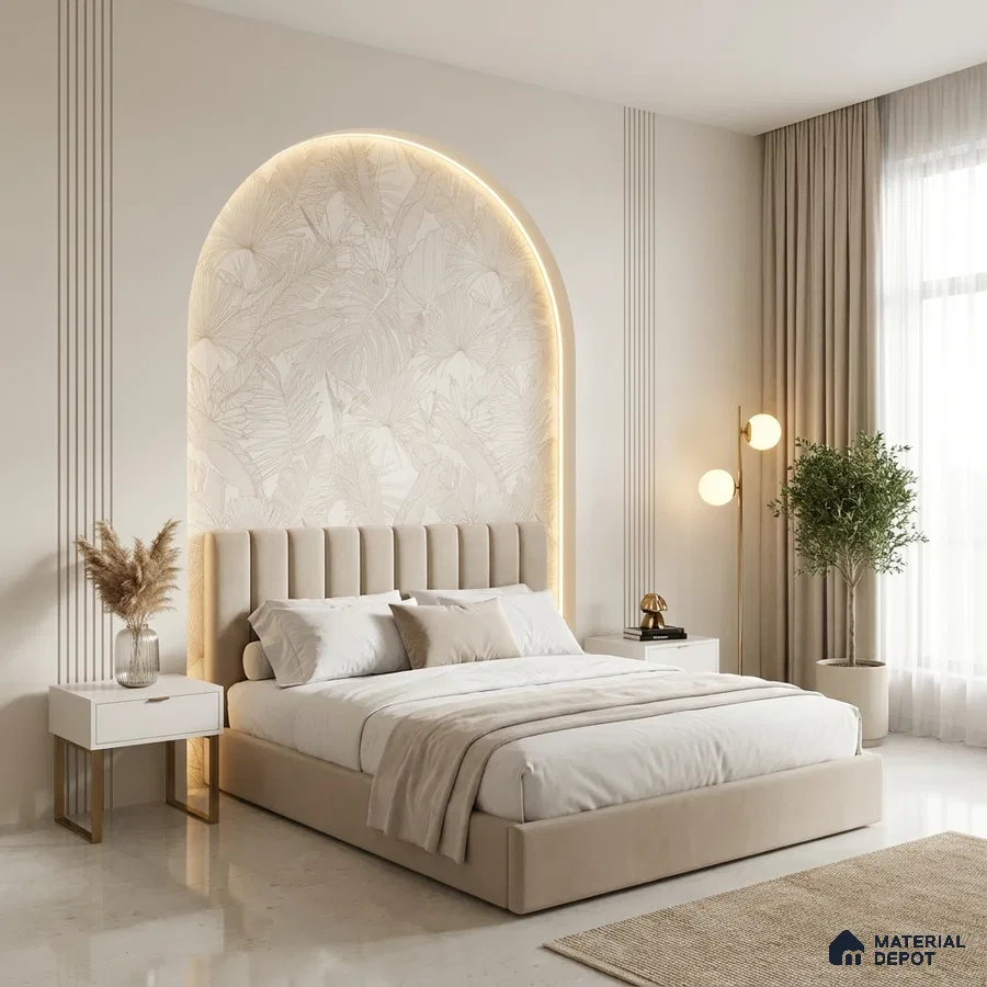 Minimalist bedroom with suede upholstered bed, beige botanical wallpaper, and marble floor tile