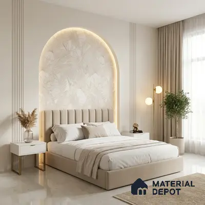 Minimalist bedroom with suede upholstered bed, beige botanical wallpaper, and marble floor tile