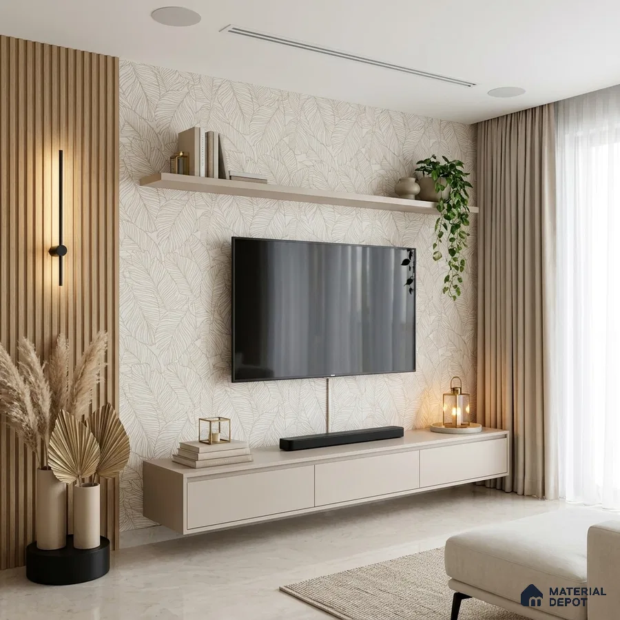 Scandinavian living room with beige leaf-patterned wallpaper, light wood fluted panels, and floating beige TV unit