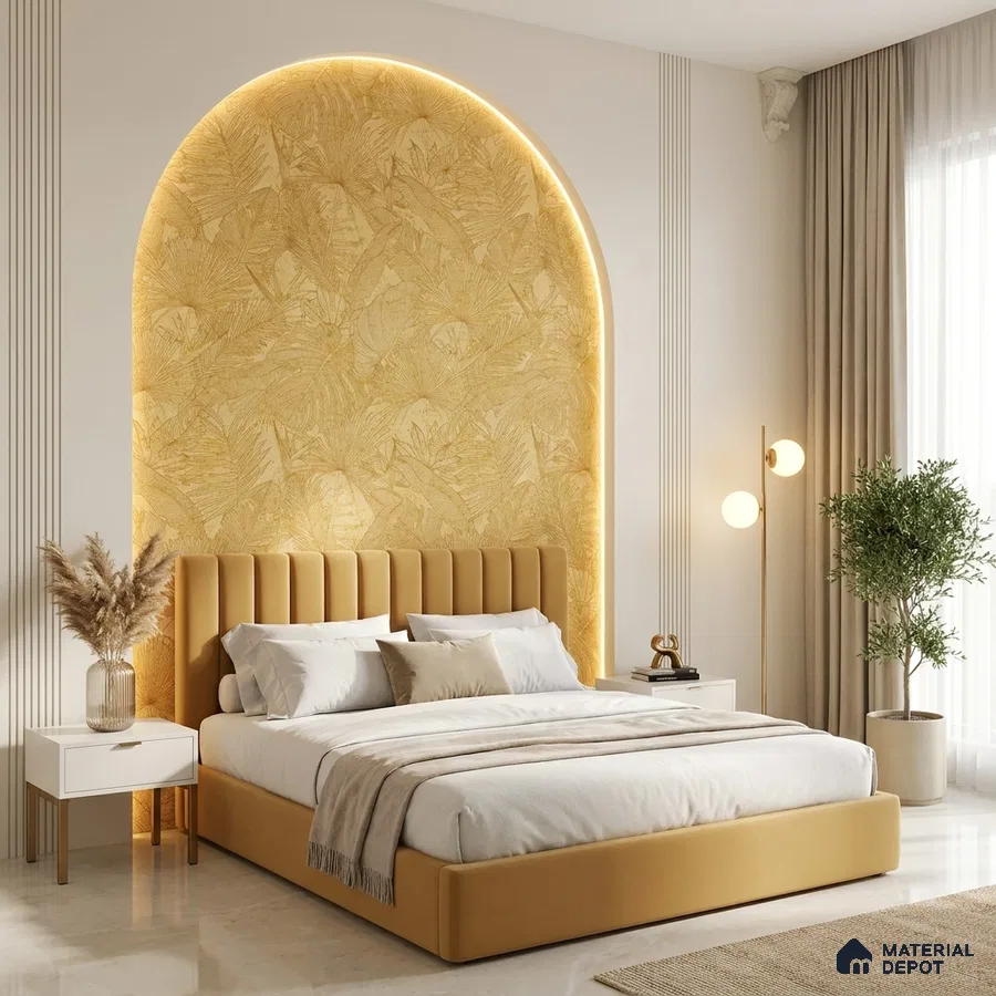 Modern bedroom with suede upholstered bed, beige botanical wallpaper, and marble floor tile