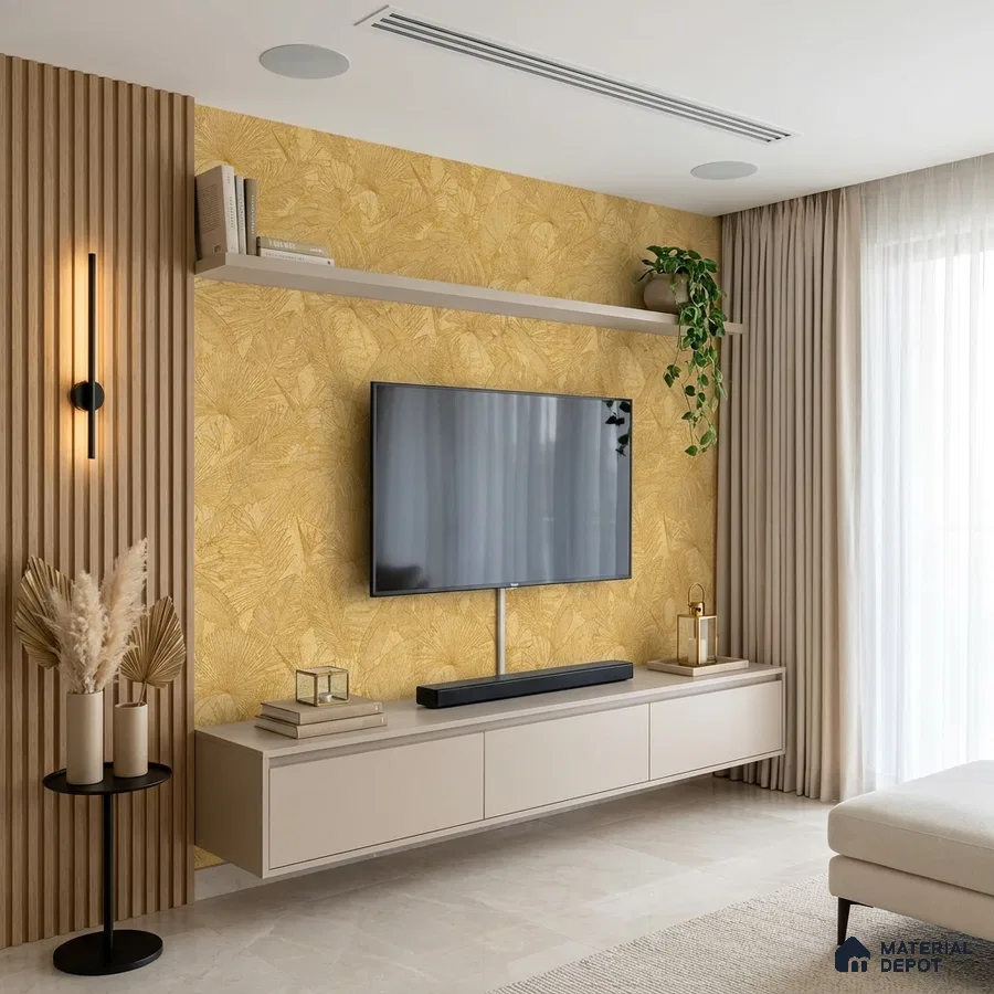 Modern living room with beige floating TV unit, yellow patterned wallpaper, and wood louver panels
