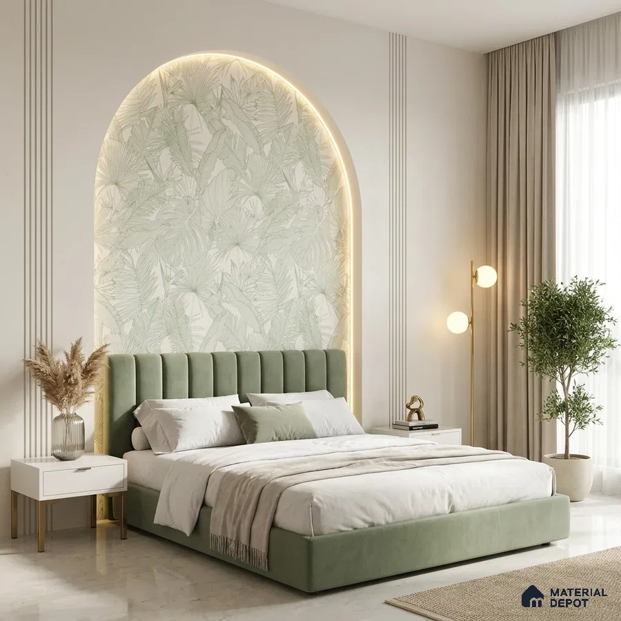 Modern bedroom with sage green suede upholstered bed and botanical wallpaper accent wall