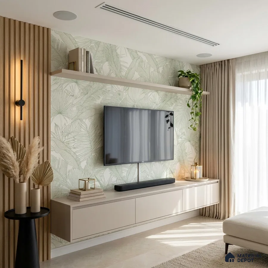 Scandinavian living room with beige floating TV unit, wood slat panels, and botanical wallpaper