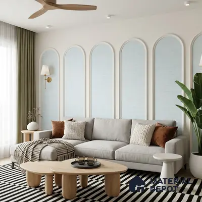 Scandinavian living room with light wood coffee tables, pastel blue textured wallpaper, and striped rug
