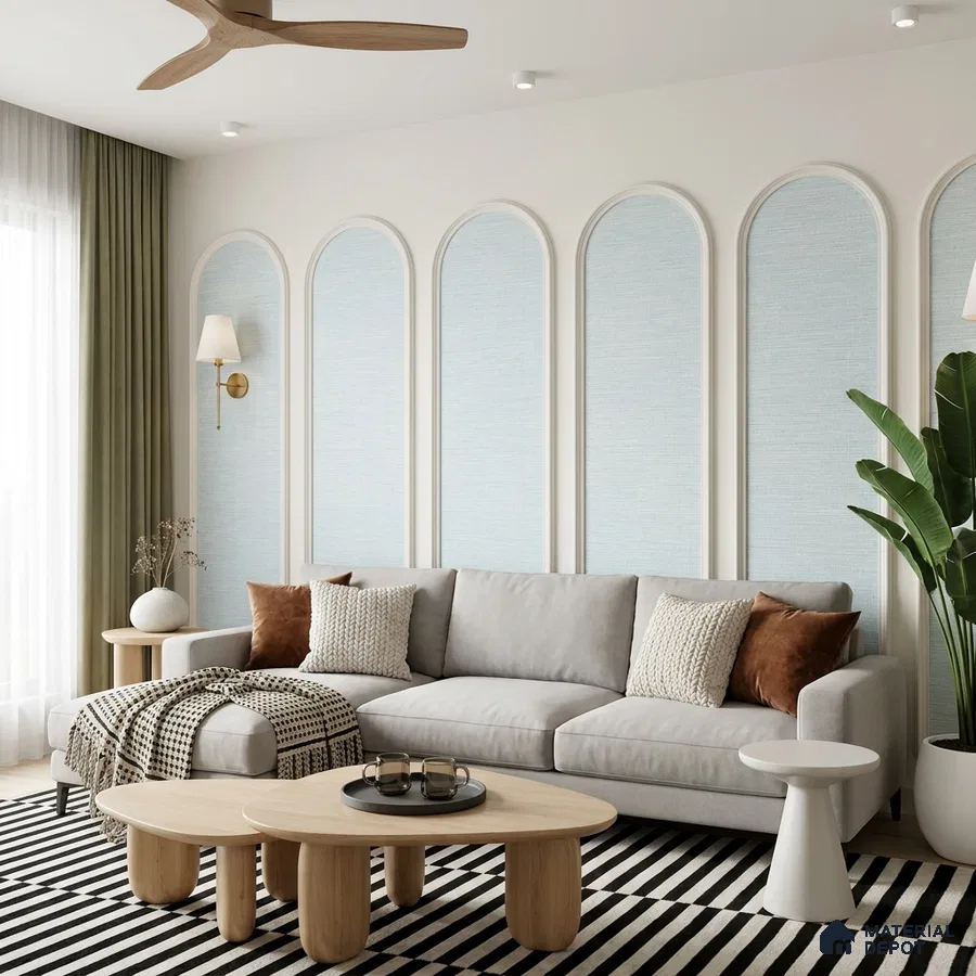 Scandinavian living room with light wood coffee tables, pastel blue textured wallpaper, and striped rug