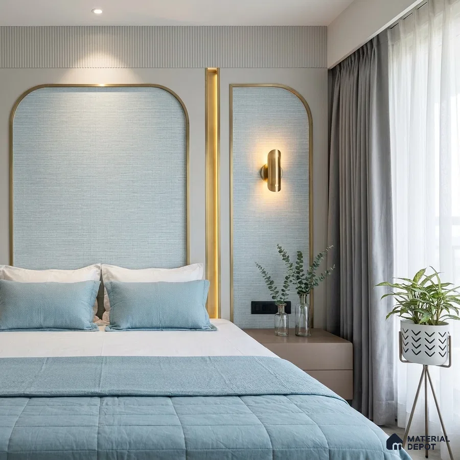 Modern bedroom with pastel blue textured wallpaper, gold accent profiles, and soft grey upholstery