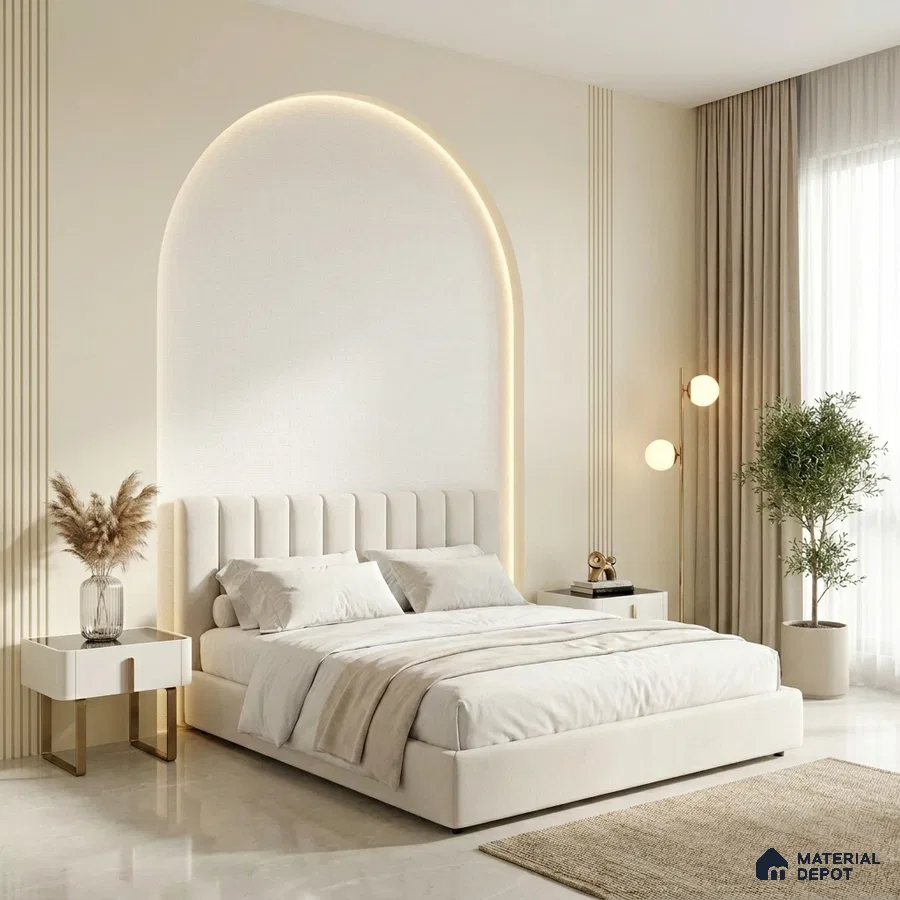Minimalist bedroom with suede upholstered bed, ivory wall paint, and marble floor tile