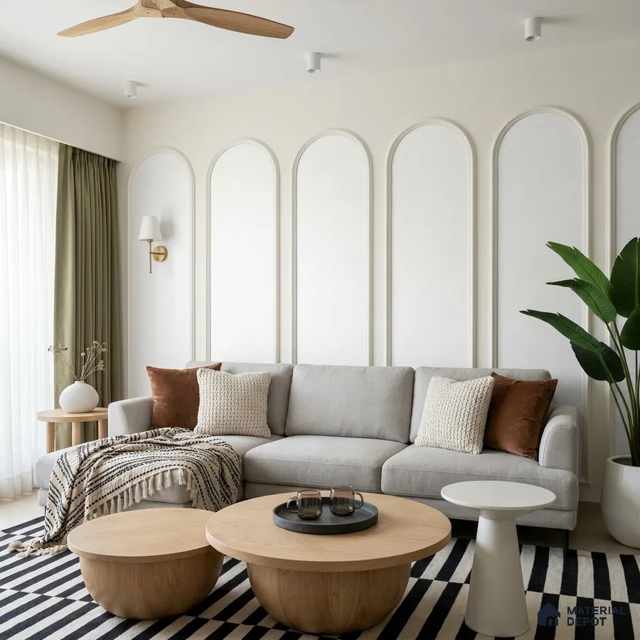 Scandinavian living room with light oak wood tables, textured wall panels, and striped rug