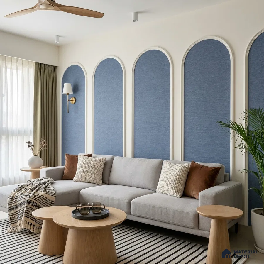 Scandinavian living room with blue textured wall panels and light oak coffee tables