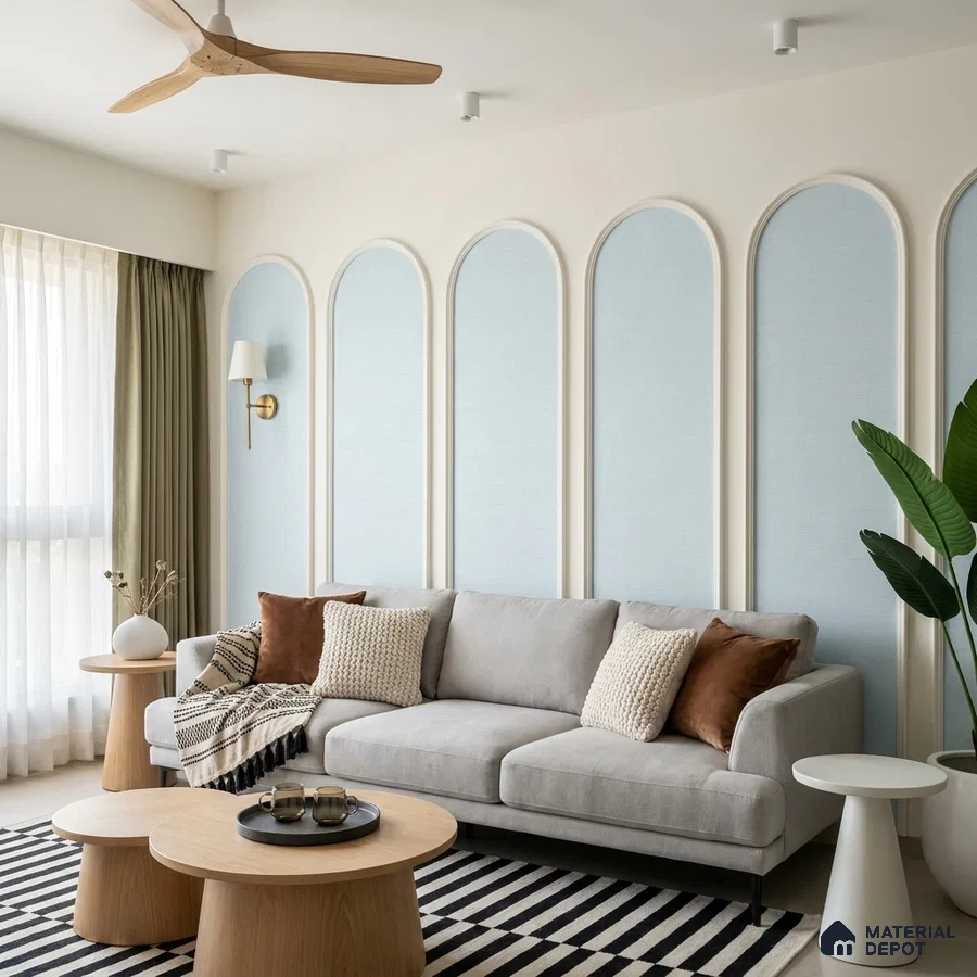 Scandinavian living room with pastel blue wall panels, light wood tables, and striped rug