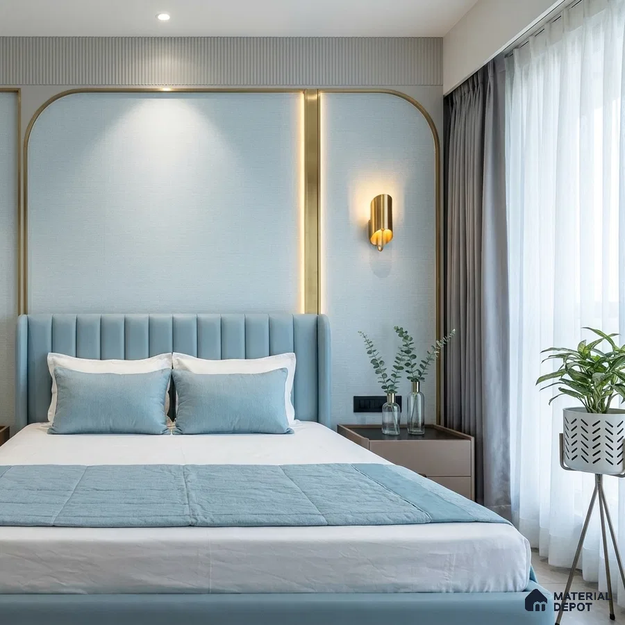 Modern bedroom with pastel blue suede upholstered bed and textured wallpaper accent wall
